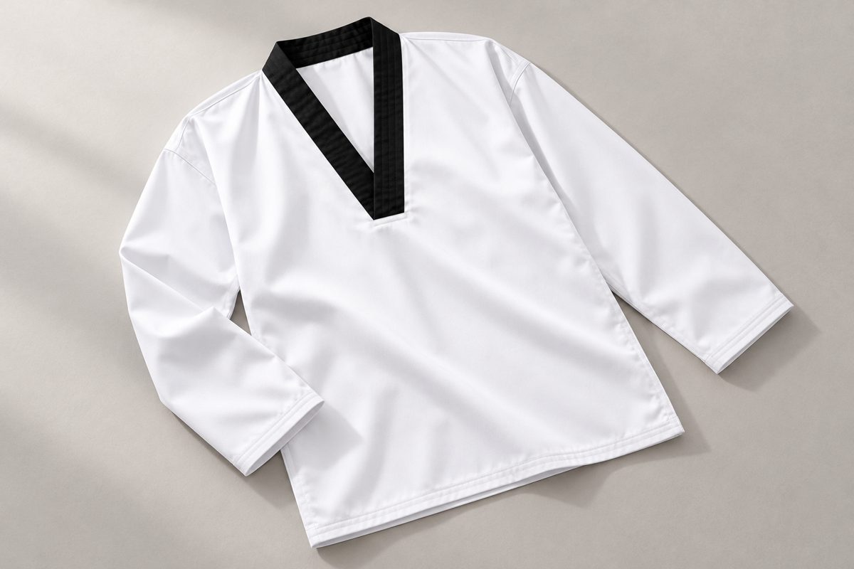 Essential taekwondo uniform jacket, white with a black V-neck collar