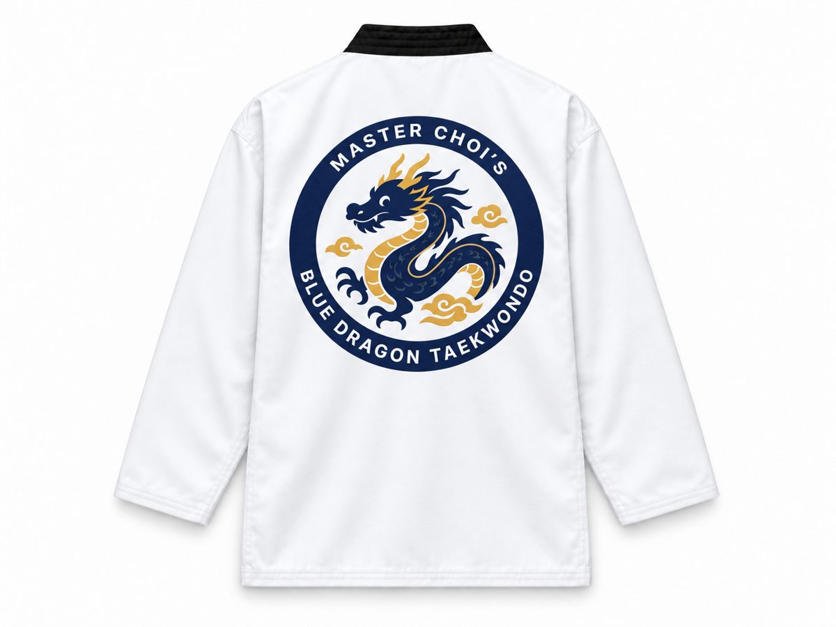 Taekwondo uniform with print, back view: Blue Dragon logo on the back