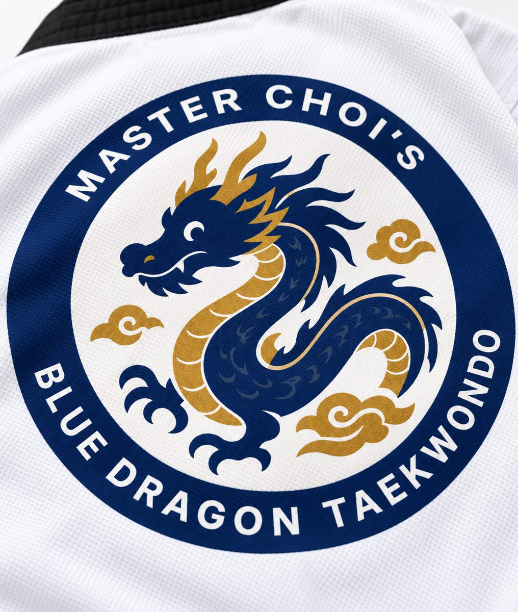 Close-up of the Blue Dragon logo print