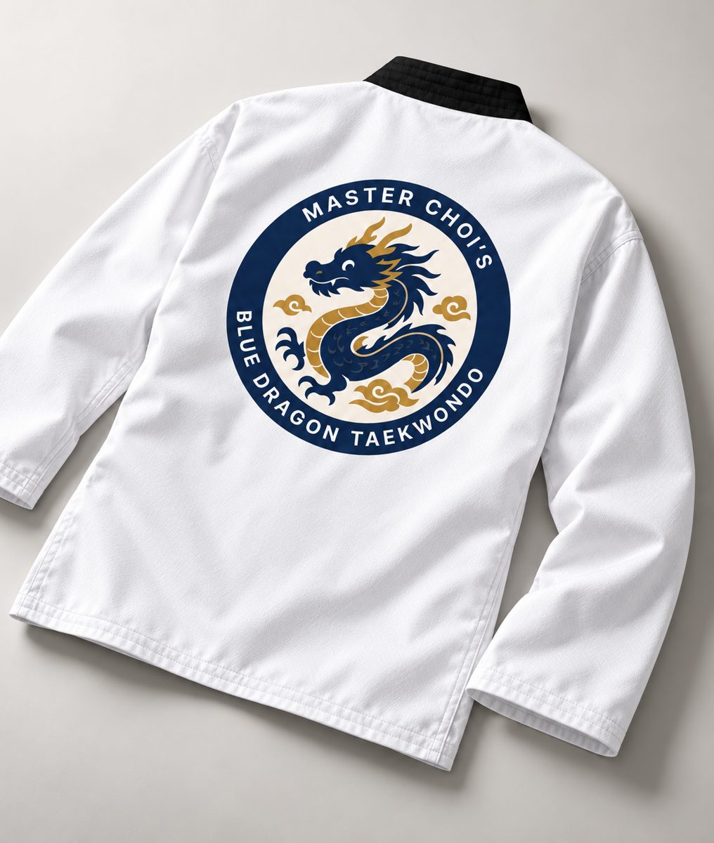 Taekwondo uniform with print, back, laid flat