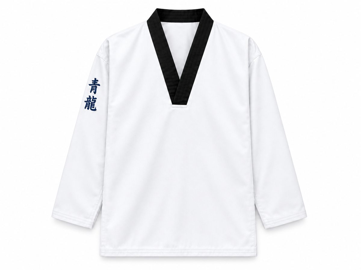 Taekwondo uniform with print, front view: 青龍 (Blue Dragon) characters on the sleeve